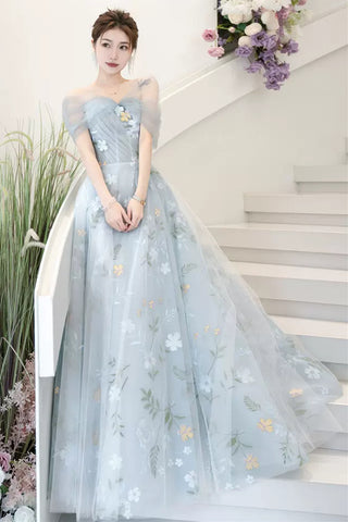 Light Blue Off the Shoulder Floral Long Prom Dresses, Off Shoulder Formal Dresses, Blue Evening Dresses WT1238