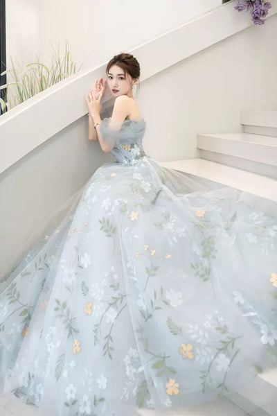 Light Blue Off the Shoulder Floral Long Prom Dresses, Off Shoulder Formal Dresses, Blue Evening Dresses WT1238