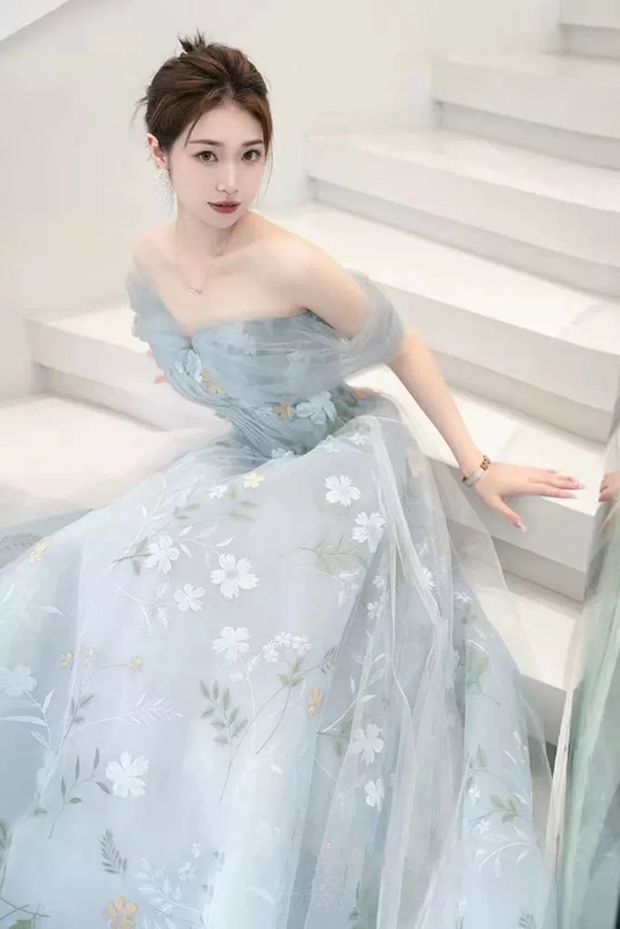 Light Blue Off the Shoulder Floral Long Prom Dresses, Off Shoulder For