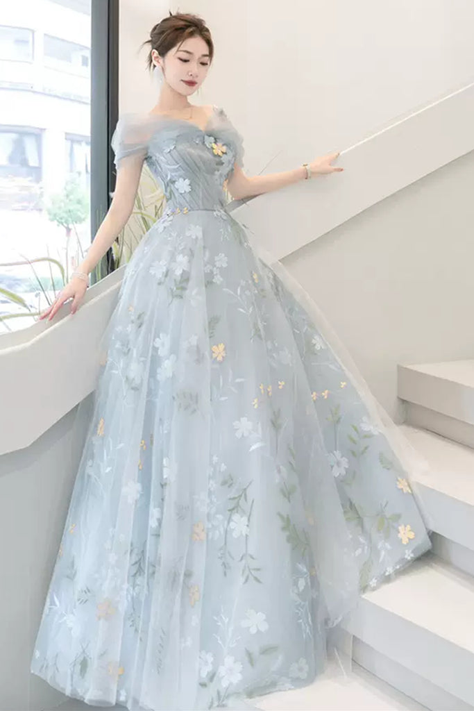 Light Blue Off the Shoulder Floral Long Prom Dresses, Off Shoulder For
