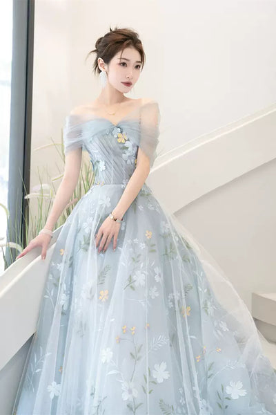Light Blue Off the Shoulder Floral Long Prom Dresses, Off Shoulder Formal Dresses, Blue Evening Dresses WT1238