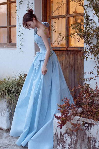 Light Blue One Shoulder Open Back Satin Long Prom Dresses, Long Light Blue Formal Graduation Evening Dresses WT1383