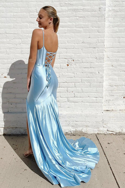 Light Blue Satin V Neck Mermaid Long Prom Dresses with Train, High Slit Light Blue Formal Graduation Evening Dresses WT1421