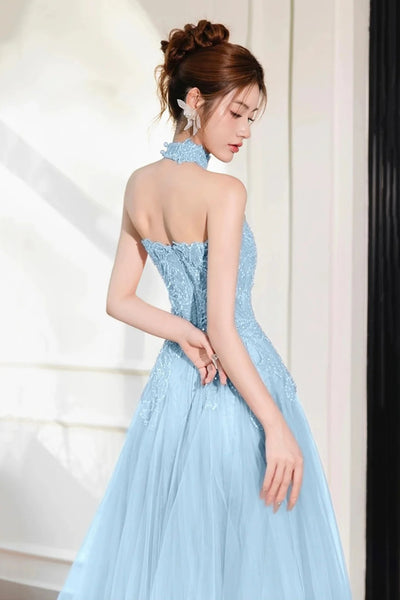Light Blue Tulle A Line Beaded Long Prom Dresses, Light Blue Formal Graduation Evening Dresses WT1672