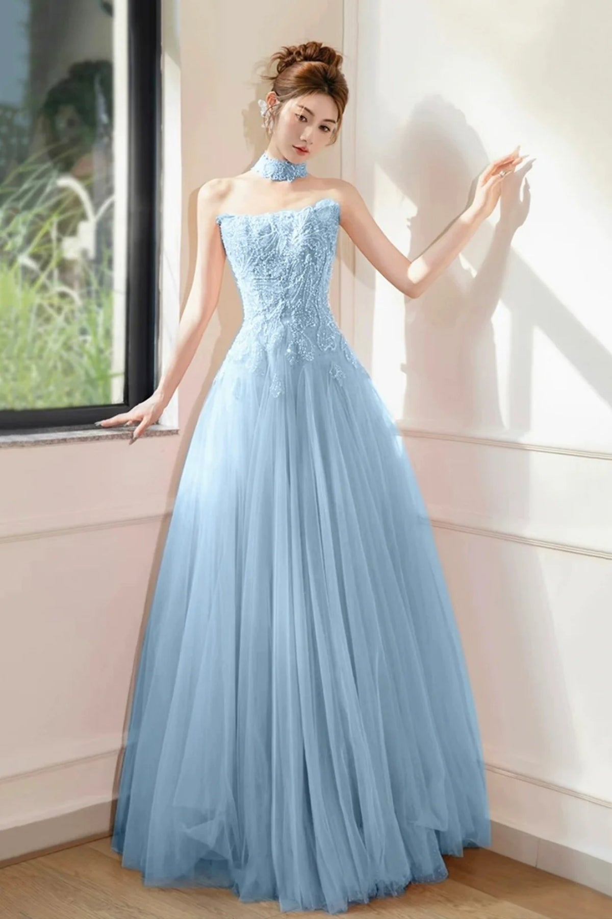 Light Blue Tulle A Line Beaded Long Prom Dresses, Light Blue Formal Graduation Evening Dresses WT1672