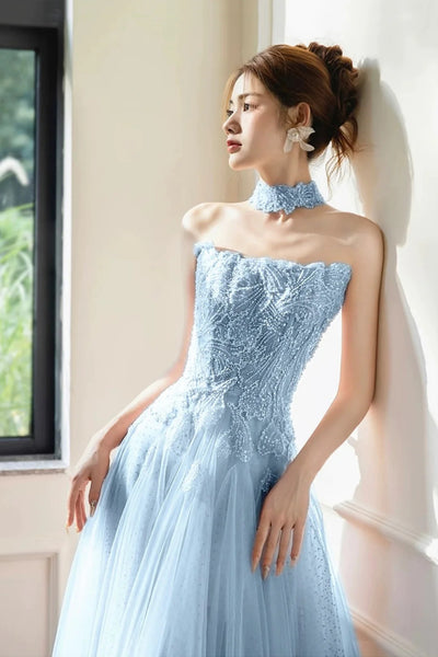 Light Blue Tulle A Line Beaded Long Prom Dresses, Light Blue Formal Graduation Evening Dresses WT1672