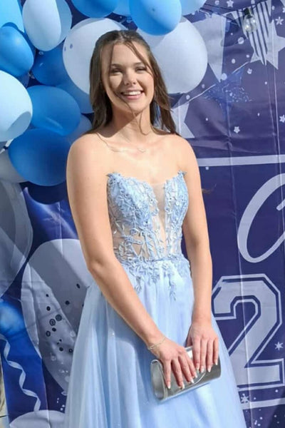 Light Blue Tulle A Line V Neck Strapless Lace Long Prom Dresses, Light Blue Lace Formal Graduation Evening Dresses WT1725