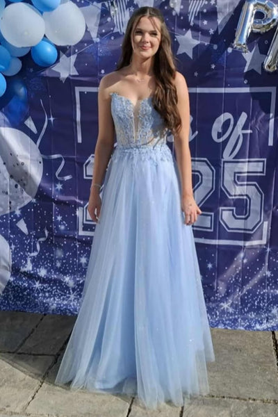 Light Blue Tulle A Line V Neck Strapless Lace Long Prom Dresses, Light Blue Lace Formal Graduation Evening Dresses WT1725