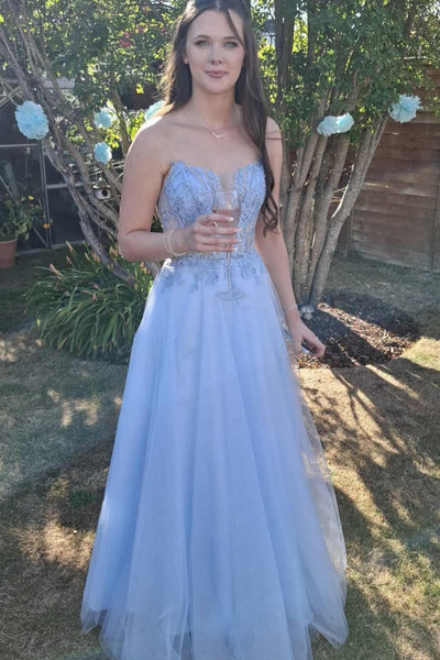 Light Blue Tulle A Line V Neck Strapless Lace Long Prom Dresses, Light Blue Lace Formal Graduation Evening Dresses WT1725