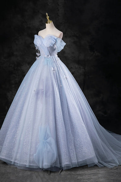 Light Blue Tulle Floral Off Shoulder Long Prom Dresses, Off the Shoulder Blue Formal Evening Dresses WT1561