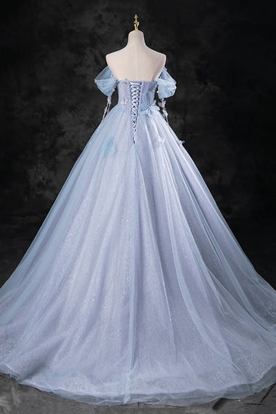 Light Blue Tulle Floral Off Shoulder Long Prom Dresses, Off the Shoulder Blue Formal Evening Dresses WT1561