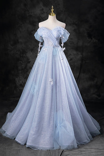 Light Blue Tulle Floral Off Shoulder Long Prom Dresses, Off the Shoulder Blue Formal Evening Dresses WT1561