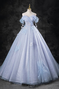 Light Blue Tulle Floral Off Shoulder Long Prom Dresses, Off the Shoulder Blue Formal Evening Dresses WT1561