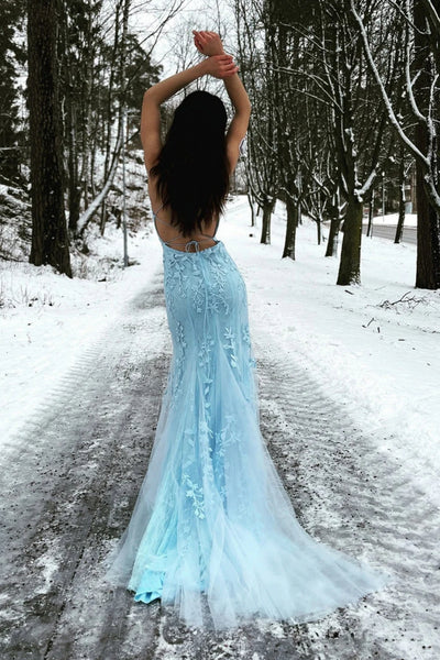 Light Blue Tulle Mermaid Lace Long Prom Dresses with Train, Mermaid Light Blue Formal Dresses, Blue Lace Evening Dresses WT1335