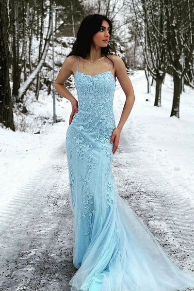 Light Blue Tulle Mermaid Lace Long Prom Dresses with Train, Mermaid Light Blue Formal Dresses, Blue Lace Evening Dresses WT1335