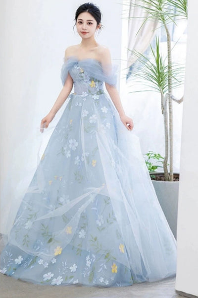 Light Blue Tulle Off the Shoulder Floral Long Prom Dresses, Light Blue Tulle Formal Graduation Evening Dresses WT1276