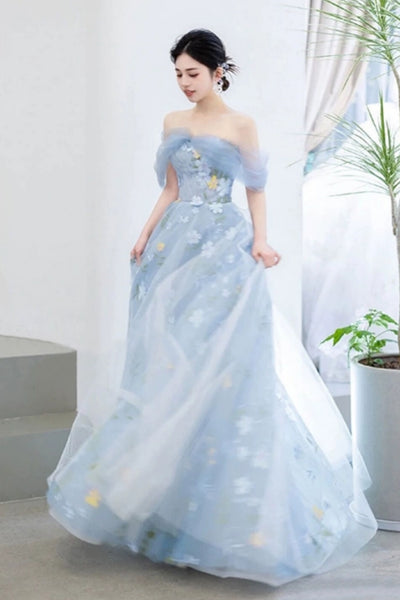 Light Blue Tulle Off the Shoulder Floral Long Prom Dresses, Light Blue Tulle Formal Graduation Evening Dresses WT1276