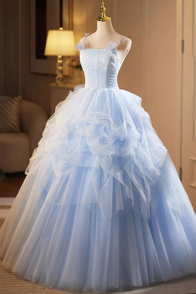 Light Blue Tulle Spaghetti Straps Long Prom Dresses, Light Blue Formal