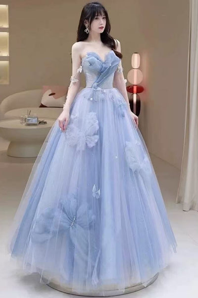 Light Blue Tulle Strapless Floral Long Prom Dresses with Pearls, Light Blue Formal Evening Dresses with 3D Flowers WT1634
