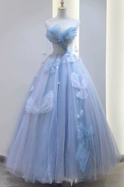 Light Blue Tulle Strapless Floral Long Prom Dresses with Pearls, Light Blue Formal Evening Dresses with 3D Flowers WT1634
