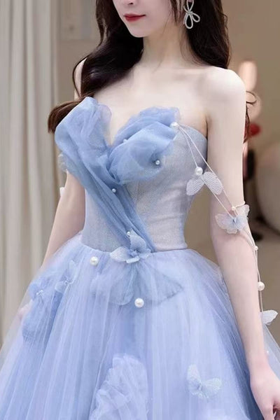 Light Blue Tulle Strapless Floral Long Prom Dresses with Pearls, Light Blue Formal Evening Dresses with 3D Flowers WT1634