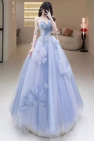 Light Blue Tulle Strapless Floral Long Prom Dresses with Pearls, Light Blue Formal Evening Dresses with 3D Flowers WT1634