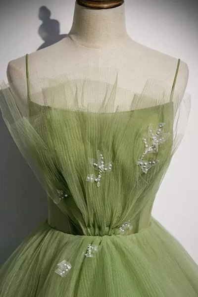 Light Green Tulle Open Back Beaded Long Prom Dresses, Light Green Formal Graduation Evening Dresses WT1240
