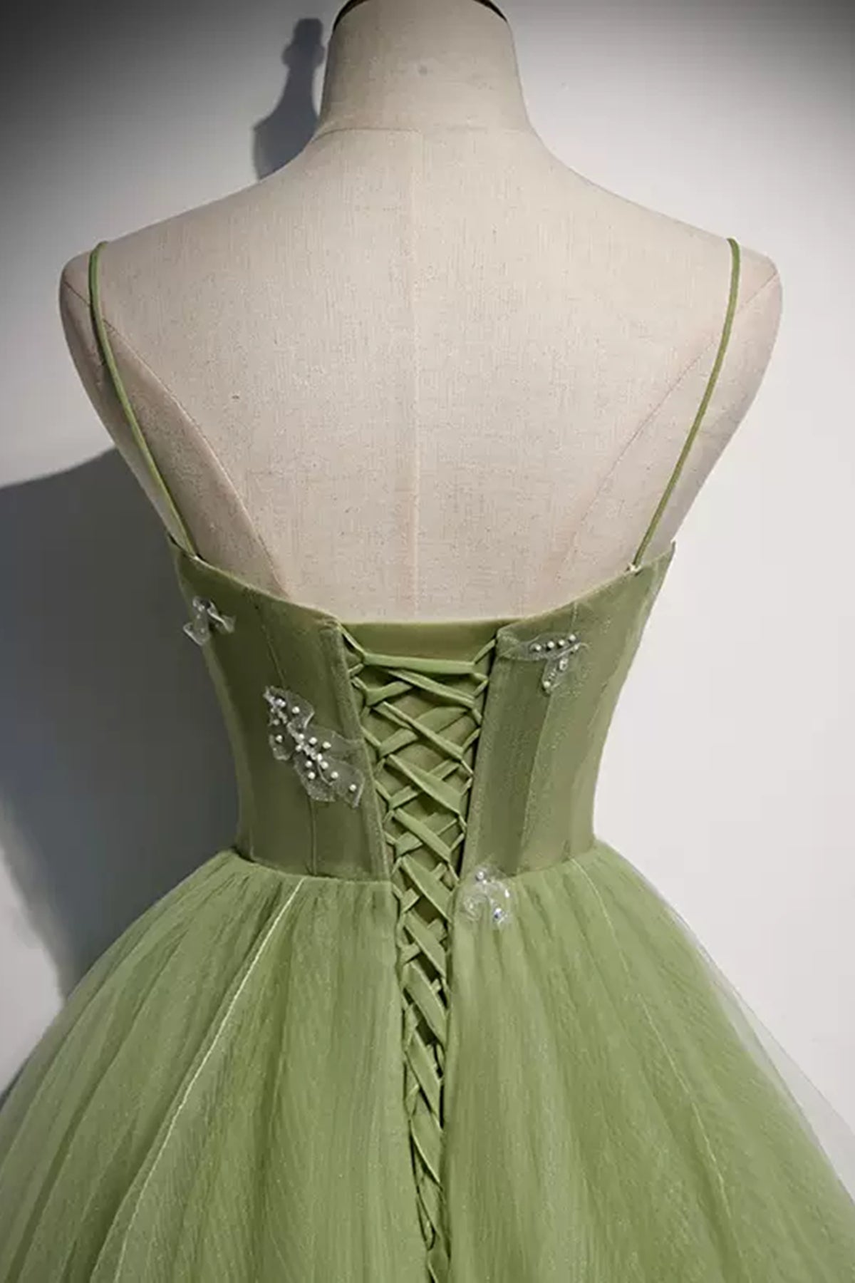 Light Green Tulle Open Back Beaded Long Prom Dresses, Light Green Form