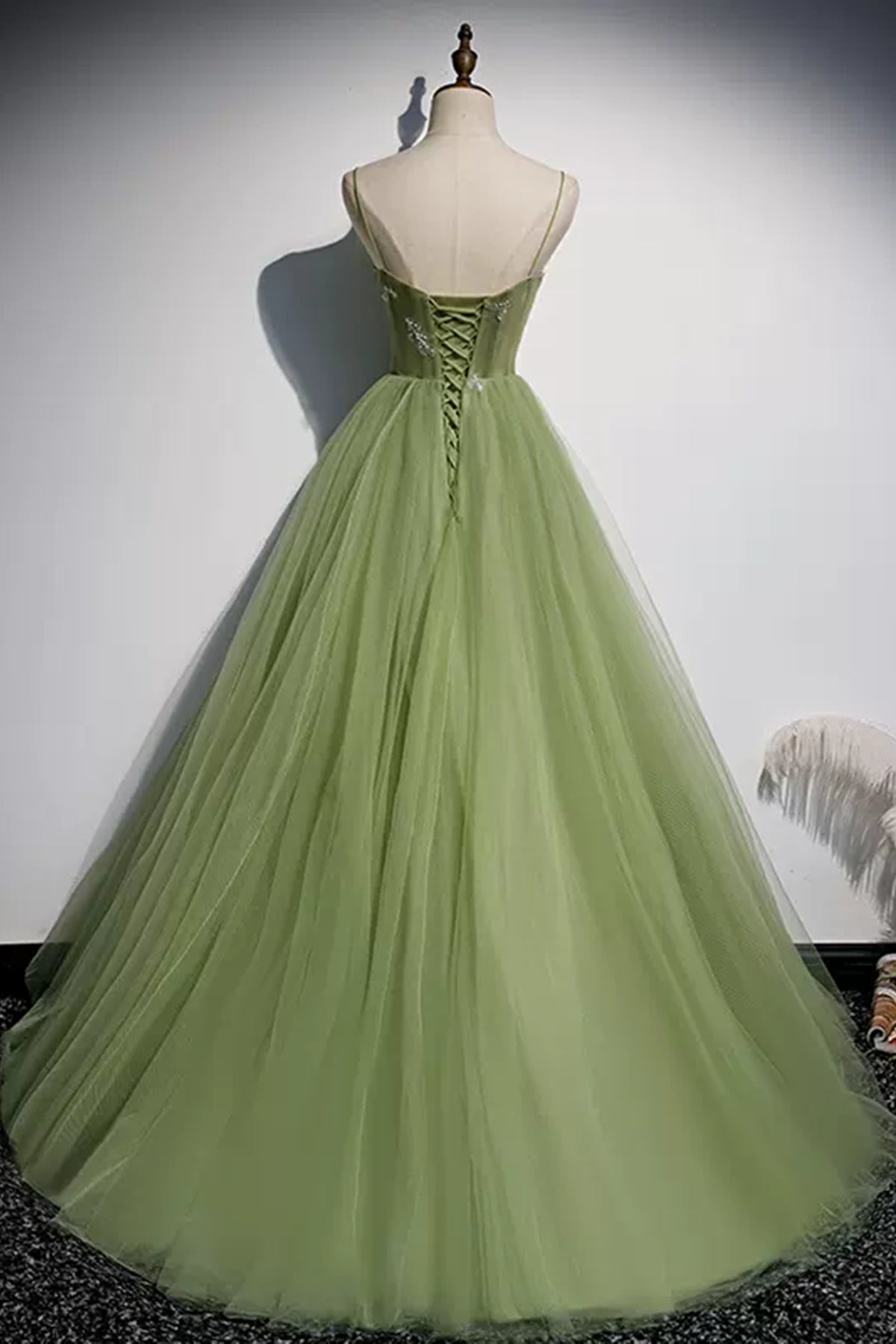 Light Green Tulle Open Back Beaded Long Prom Dresses, Light Green Form