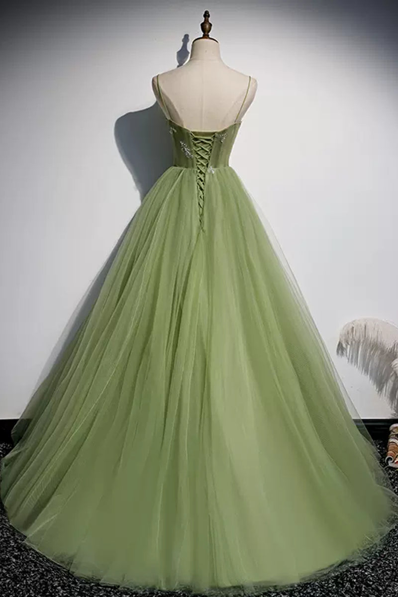 Light Green Tulle Open Back Beaded Long Prom Dresses, Light Green Form ...