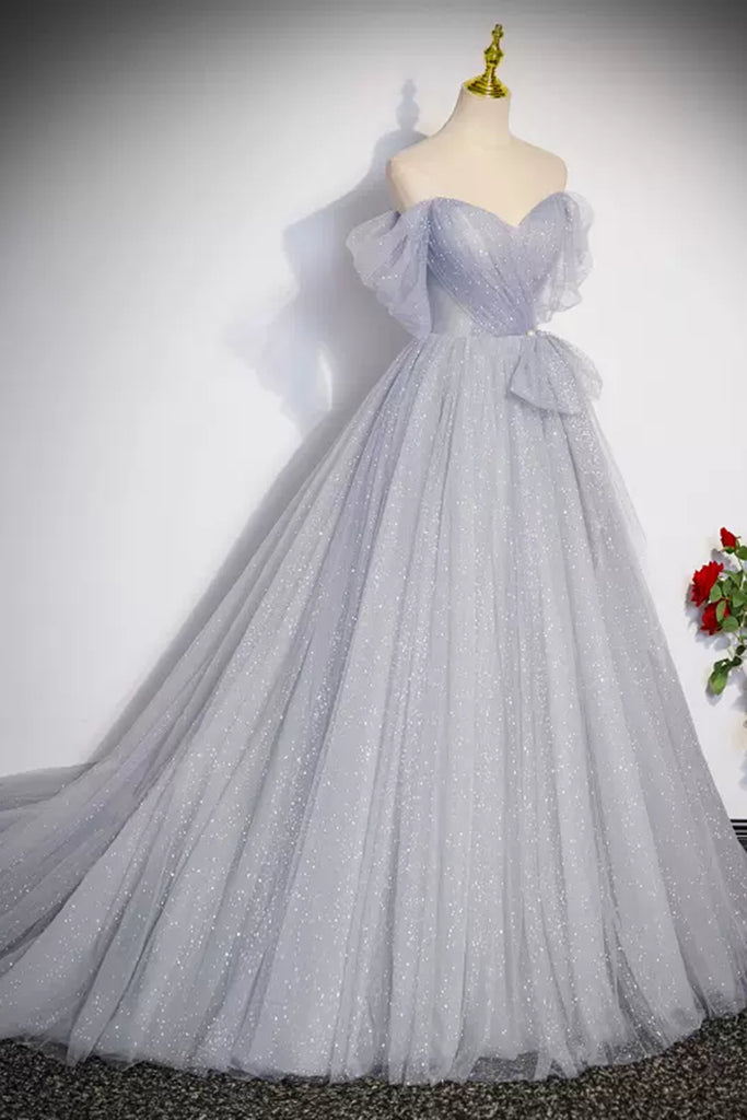 prom dresses light purple A-Line Tulle Off Shoulder Tiered Long lighting conditions Light Purple Off the Shoulder