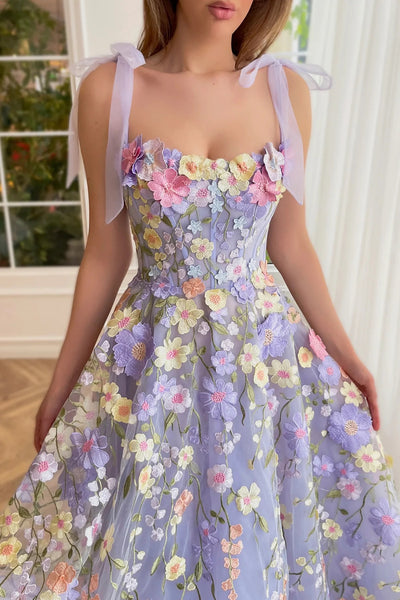 Lilac A Line Tea Length Prom Dresses with Lace Appliques, Lilac Floral Homecoming Dresses, Lilac Formal Evening Dresses WT1481