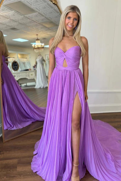 Lilac Chiffon Strapless Long Prom Dresses with High Slit, Long Lilac Formal Graduation Evening Dresses WT1468