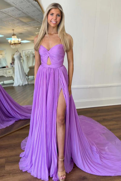 Lilac Chiffon Strapless Long Prom Dresses with High Slit, Long Lilac Formal Graduation Evening Dresses WT1468