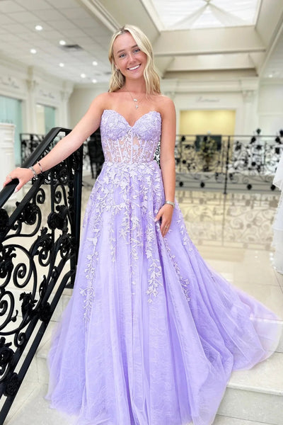 Lilac Lace Strapless Long Prom Dresses, Lilac Lace Formal Dresses, Lilac Evening Dresses WT1310