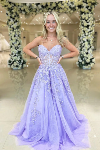 Lilac Lace Strapless Long Prom Dresses, Lilac Lace Formal Dresses, Lilac Evening Dresses WT1310