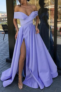 Lilac Satin Off the Shoulder Long Prom Dresses with High Slit, Off Shoulder Lilac Formal Dresses, Lilac Evening Dresses WT1394