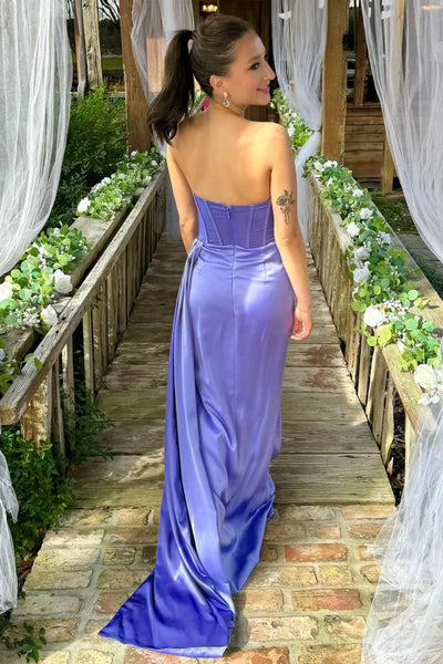 Lilac Satin Strapless Mermaid Long Prom Dresses with High Slit, Long Lilac Satin Formal Graduation Evening Dresses WT1471