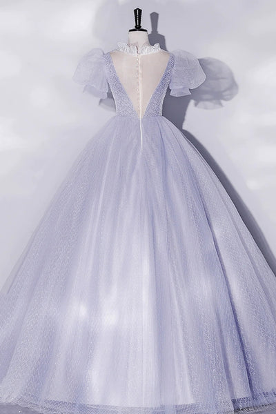 Lilac Sequins Shiny Short Sleeves Tulle Long Prom Dresses, Lilac Tulle Formal Dresses, Lilac Evening Dresses WT1428
