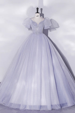 Lilac Sequins Shiny Short Sleeves Tulle Long Prom Dresses, Lilac Tulle Formal Dresses, Lilac Evening Dresses WT1428