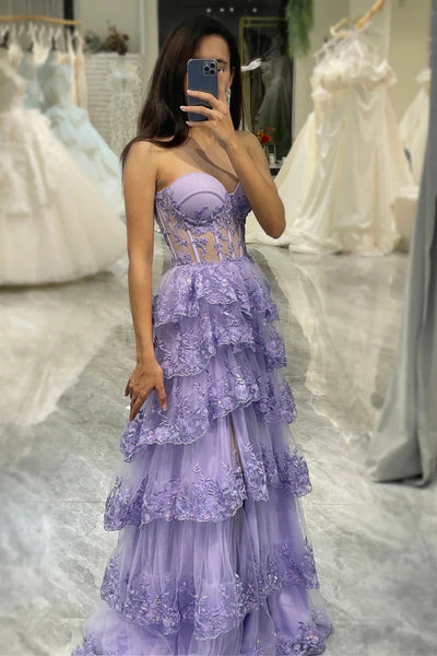 Lilac Strapless Layered Lace Long Prom Dresses with High Slit, Lilac Lace Formal Graduation Evening Dresses WT1494