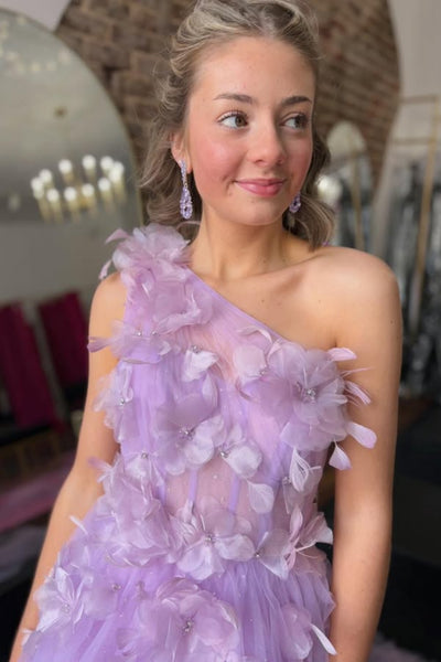 Lilac Tulle A Line One Shoulder Floral Long Prom Dresses, Lilac Formal Graduation Evening Dresses with 3D Flowers WT1702