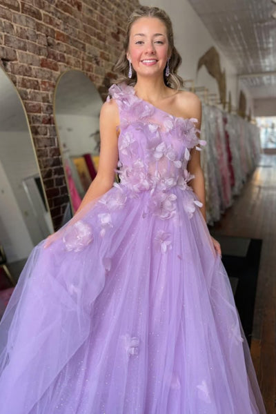 Lilac Tulle A Line One Shoulder Floral Long Prom Dresses, Lilac Formal Graduation Evening Dresses with 3D Flowers WT1702