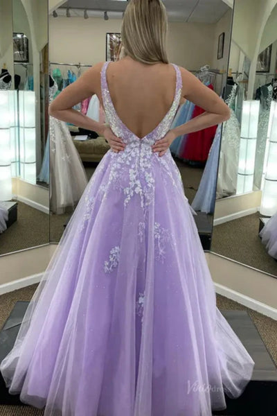 Lilac Tulle A Line V Neck Backless Lace Long Prom Dresses, Lilac Lace Formal Dresses, Lilac Evening Dresses WT1691
