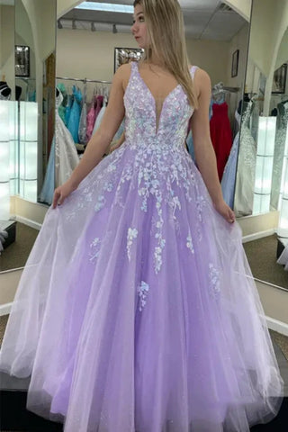 Lilac Tulle A Line V Neck Backless Lace Long Prom Dresses, Lilac Lace Formal Dresses, Lilac Evening Dresses WT1691