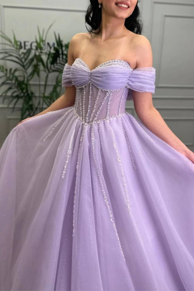 Lilac Tulle Beaded Off the Shoulder Long Prom Dresses, Off the Shoulde Lwt Dress Lilac Tulle Beaded Off the Shoulder Long Prom Dresses, Off the Shoulde Lwt Dress
