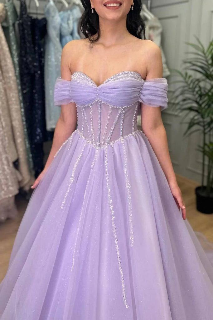 Lilac Tulle Beaded Off the Shoulder Long Prom Dresses, Off the Shoulde Lwt Dress Lilac Tulle Beaded Off the Shoulder Long Prom Dresses, Off the Shoulde Lwt Dress
