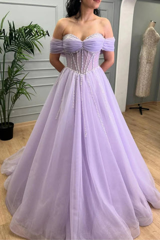 Lilac Tulle Beaded Off the Shoulder Long Prom Dresses, Off the Shoulder Lilac Formal Graduation Evening Dresses WT1574