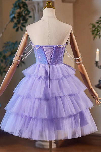 Lilac Tulle Elegant Off the Shoulder Short Prom Dresses, Layered Lilac Homecoming Dresses, Short Lilac Formal Graduation Evening Dresses WT1505