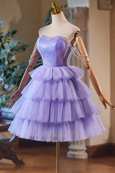 Lilac Tulle Elegant Off the Shoulder Short Prom Dresses, Layered Lilac Homecoming Dresses, Short Lilac Formal Graduation Evening Dresses WT1505